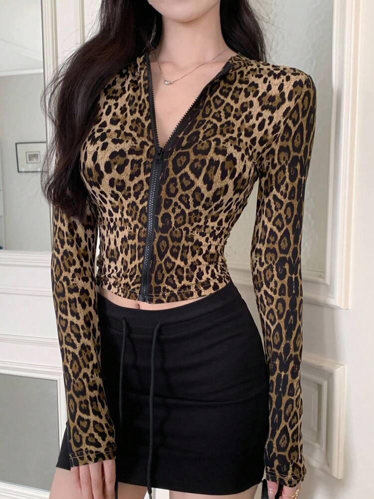 Women's Leopard Print Fitted Zip Front Short Jacket,Fall Women Clothes