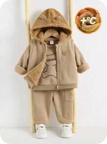 SHEIN 3pcs Baby Boy/Girl Autumn/Winter Cute Khaki Knitted Hooded Jacket, Vest, Cartoon Bear Pattern Sweatshirt, Tracksuit Joggers Pants Set, Unisex Baby Clothes, Baby Winter Thermal Outfit Fall - Multicolor - View 4