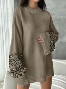 EURMUSE Women Geometric Print Crew Neck Long Sleeve Sweater - Mocha Brown - View 4