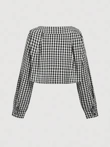 SHEIN MOD 黑白格子双面衬衫，1 件上衣，2 种穿法，乡村音乐会，可爱，生日，西部女装，度假，复古，早午餐，外出上衣，学校，办公室，工作，返校，机场 - 黑與白 - 查看 5