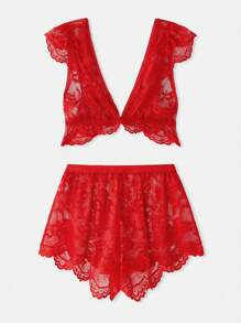 lacRébo Ensemble de vêtements de nuit coordonnés en dentelle rouge avec un Top court à manches courtes et un short à ourlet festonné. Vêtements de nuit sexy pour l'automne et l'hiver - Noir - Voir 9