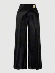 Selianne Women's Elegant Commuter Daily European And American Style Striped Fabric 2 In 1 Exaggerated Metal Buckle Decor Side Zipper Easy On/Off Casual Versatile Design, Suitable For Casual, Gathering, Commuting And Other Occasions In Spring And Autumn Fall Cloth For Women - Black - View 4