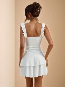 SHEIN BAE Weißes einfarbiges, sexy, tief ausgeschnittenes Rüschenkleid mit asymmetrischem Saum für Frauen, Urlaubskleid, Abschlusskleid, Brautjungfernkleid, Frühling/Sommer