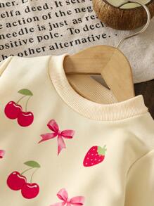 SHEIN Baby Girl Fashion Bow Cherry Print Round Neck Long Sleeve Casual Sweatshirt Fall Winter - Apricot - View 3