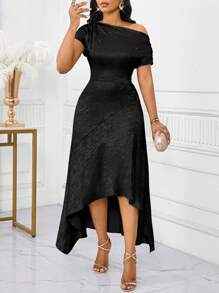 SHEIN Lady Vestido midi de mujer con cuello en ángulo de tela dorada - Vestido elegante para graduación / Vestido de invitada de boda / Vestidos de mujer para cumpleaños y eventos / Vestidos de oficina / Vestidos de iglesia / Vestidos de boda / Vestidos de vacaciones - Negro - Ver 4