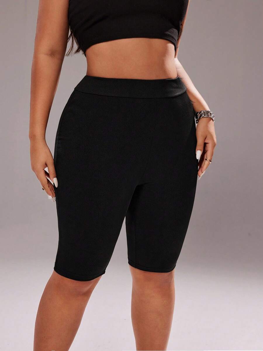Rustia Plus Solid Rib Knit Cycling Shorts - Black - View 1