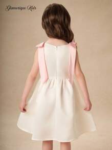 Glamorique Kids Young Girl Chiffon Tiered White Summer Traditional Wedding Dress,Elegant Sweet Flower Girl Wear With Pink Ribbons, Gatherings Little Girl - White - View 3
