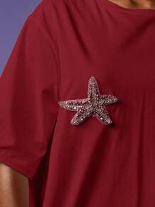 MISSGUIDED Oversized Summer T Shirt With Crystal Starfish Applique Beachwear Resort Casual Elbow Length Sleeves Beach Vacation Top