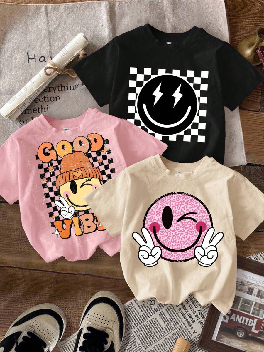 SHEIN Leap Crew 可爱复古格子豹纹卡通笑脸图案少女休闲卡通图案 T 恤,适合夏季 - 彩色 - 查看 1