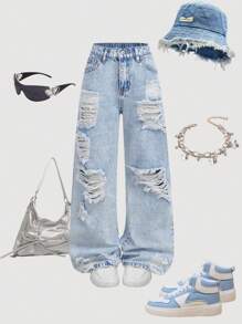 Girlism 少女时尚休闲 Y2K 复古酷炫舒适镂空破洞磨边设计蓝色宽松牛仔裤，柔软日常穿着，适合秋冬季返校、返校节、锐舞派对、海滩等场合，街头风阔腿牛仔裤 - 藍色 - 查看 1