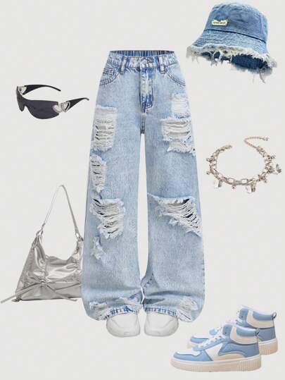 Girlism 少女时尚休闲 Y2K 复古酷炫舒适镂空破洞磨边设计蓝色宽松牛仔裤，柔软日常穿着，适合秋冬季返校、返校节、锐舞派对、海滩等场合，街头风阔腿牛仔裤