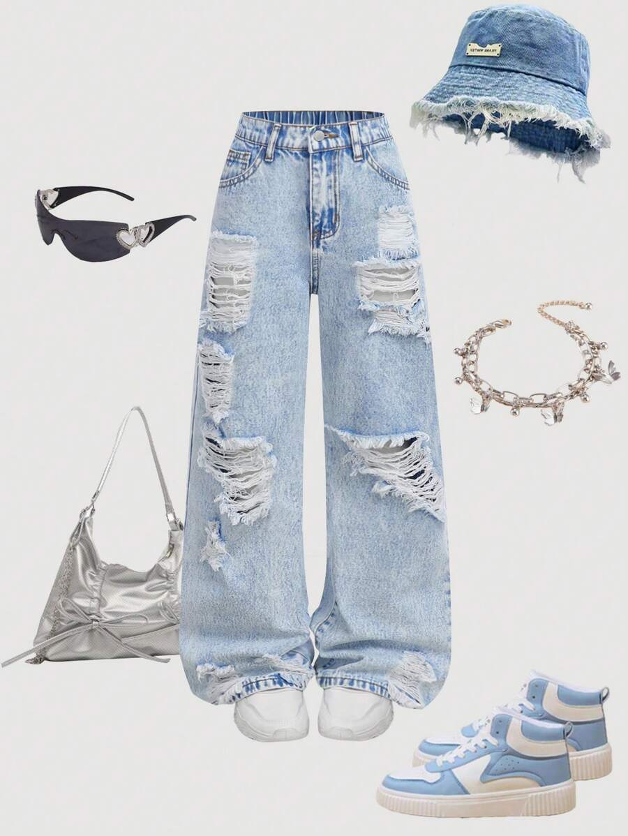 Girlism 少女时尚休闲 Y2K 复古酷炫舒适镂空破洞磨边设计蓝色宽松牛仔裤，柔软日常穿着，适合秋冬季返校、返校节、锐舞派对、海滩等场合，街头风阔腿牛仔裤 - 藍色 - 查看 1