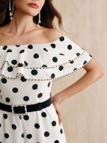 Anewsta 女式夏季新款圆点荷叶边露肩束腰连体裤 - 黑與白 - 查看 2