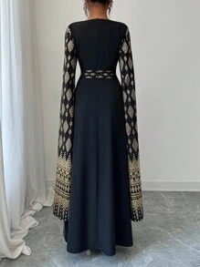 Rafferiza Fashionable, Simple, Elegant And Atmospheric Square-Neck Fairy Long Sleeve Black And Gold Hot Stamping Printed Long Skirt, Spring And Autumn Fall Cloth For Women - Black - View 2