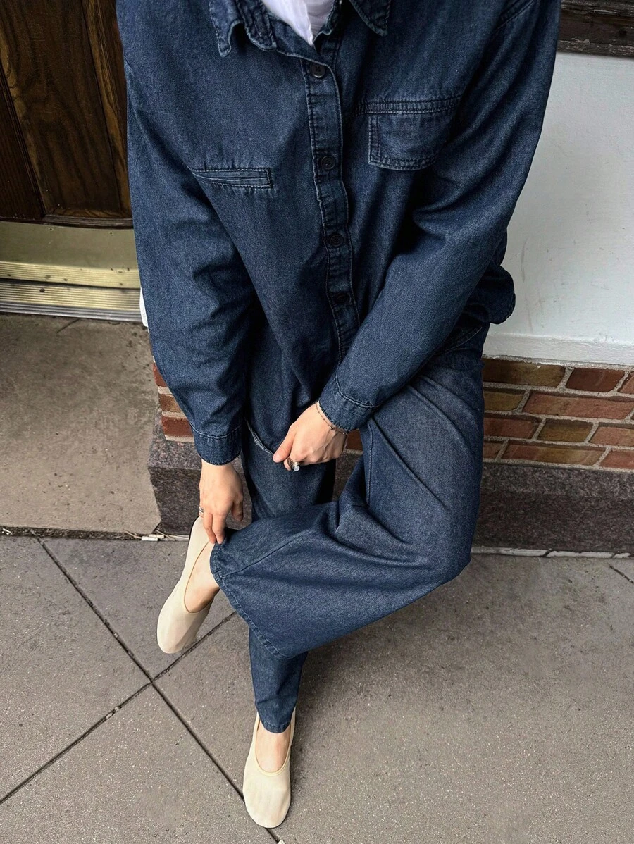 DAZY Women's Casual Button-Up Shirt & Jeans Pants Suit Modest Fashion - Blue - View 1