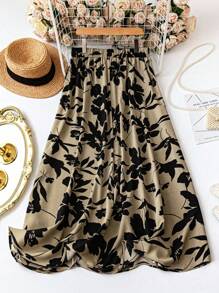 EMERY ROSE Váy suông hở lưng co giãn họa tiết hoa giản dị cỡ lớn cho nữ, mùa xuân/hè - Màu Khaki - Xem 2