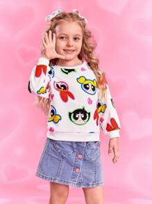 THE POWERPUFF GIRLS X SHEIN Young Girl White Cute Cartoon Blossom, Bubbles, Buttercup And Heart Print Long Sleeve Crew Neck Sweatshirt Fall Winter - White - View 8