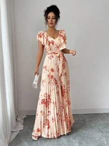 Elenzga Đầm nữ dáng chữ A in họa tiết kỹ thuật số phong cách nghỉ dưỡng nhún bèo eo thanh lịch lãng mạn - Nhiều màu - Xem 5