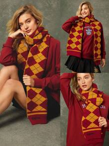 GLOWMODE X Harry Potter Hogwarts House Soft Wool Logo Embroidered Scarf Daily Casual Wear Fall Winter - Burgundy - View 6