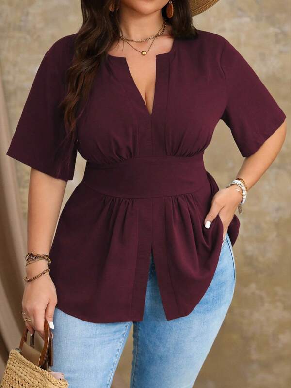 Roveilla Blusa de talla grande con cuello de muesca y dobladillo dividido