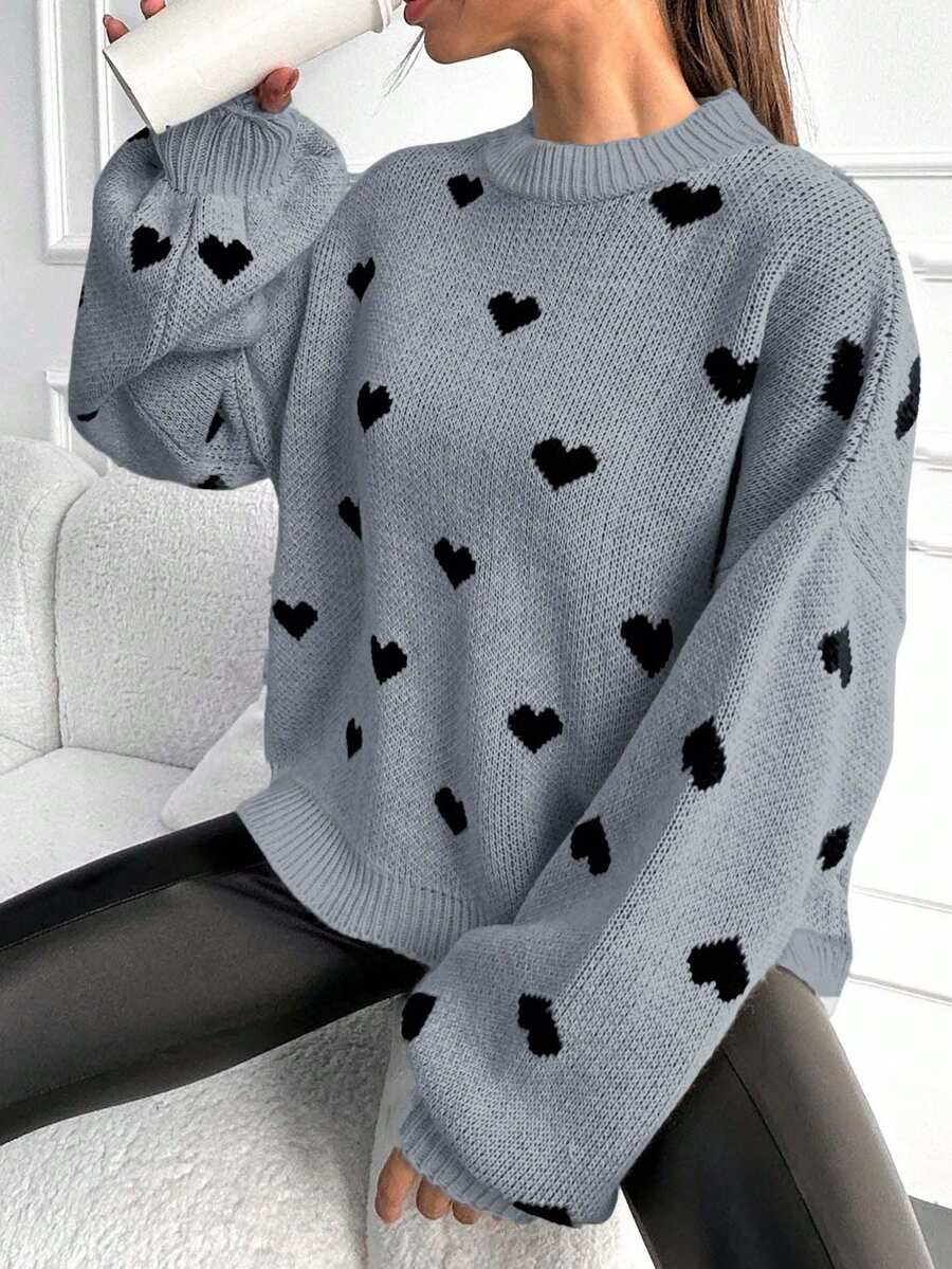 EURMUSE Heart Pattern Drop Shoulder Sweater - Light Grey - View 1