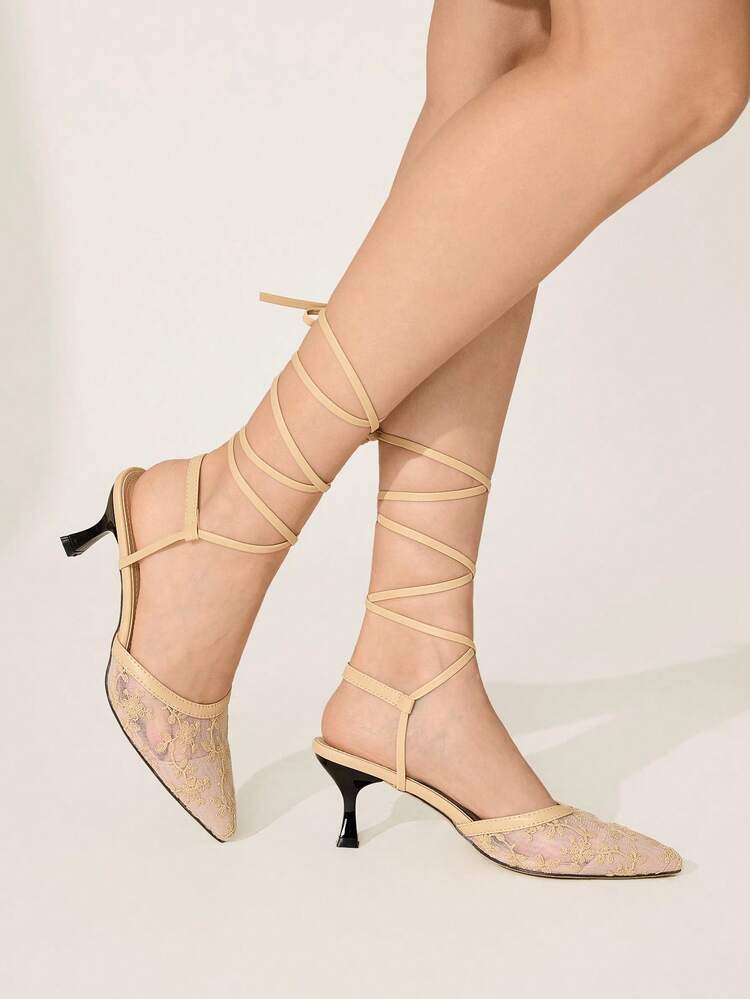 CUCCOO CHICEST Women's Floral Embroidered Lace Ankle Strap Pointed Toe Stiletto Heel Mid-Heel Elegant Romantic Vintage Court Shoes, Champagne Mesh, Ankle Strap, Lace-Up, Suitable For Afternoon Tea, Date, Party, Wedding, Halloween, Christmas, Thanksgiving, Valentine's Day, Birthday