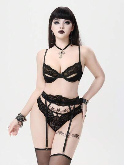 3pcs Gothic Hollow Underwire Bralette, G-String, And Garter Belt Sexy Lingerie Set
