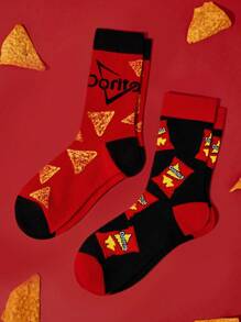 Doritos X SHEIN 2 双柔软透气吸湿排汗休闲女士中筒袜，时尚薯片黑色中筒袜，加固脚趾和脚跟，经久耐用，男女通用，四季百搭夏冬 - 彩色 - 查看 5