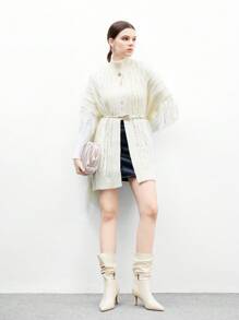CUCCOO BIZCHIC 女士尖头细高跟靴，象牙白色时尚一脚蹬侧拉链 PU 材质，褶皱日常通勤百搭中筒靴 - 白色 - 查看 11
