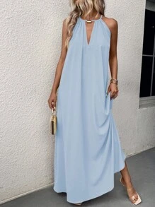 EMERY ROSE Women's Solid Color Simple Daily Wear Swing Neck Halter Dress Maxi Vacation Beach Outfit Baby Blue - Mint Blue - View 7