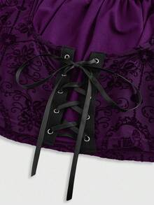 ROMWE Spring/Summer Gothic Palace Style Halloween Party Flocked Cross Floral Pattern Mesh Patchwork Lace-Up Waist Women Blouse - Purple - View 3