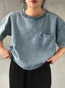 Dazy Plus Plus Size Light Washed Blue Round Neck Pullover Denim Top With Pockets And Zipper Hem Decoration - Light Wash - View 4