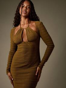 MISSGUIDED Textured Ruched Midaxi Dress Halter Neck Long Sleeve Ribbed Knit Party Club Evening Autumn Winter Bodycon Glamour Holiday - Olive Green - View 4
