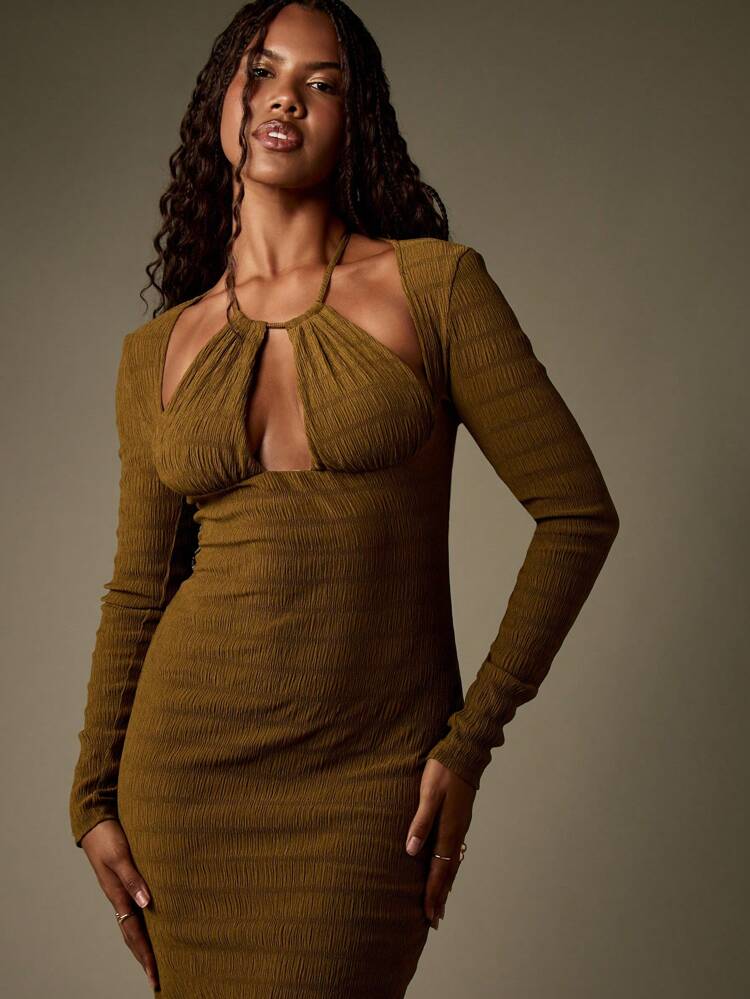 MISSGUIDED Vestido midi texturizado y fruncido con cuello halter, manga larga, de punto acanalado para fiesta, club, noche, otoño, invierno, ajustado, glamoroso, vacaciones