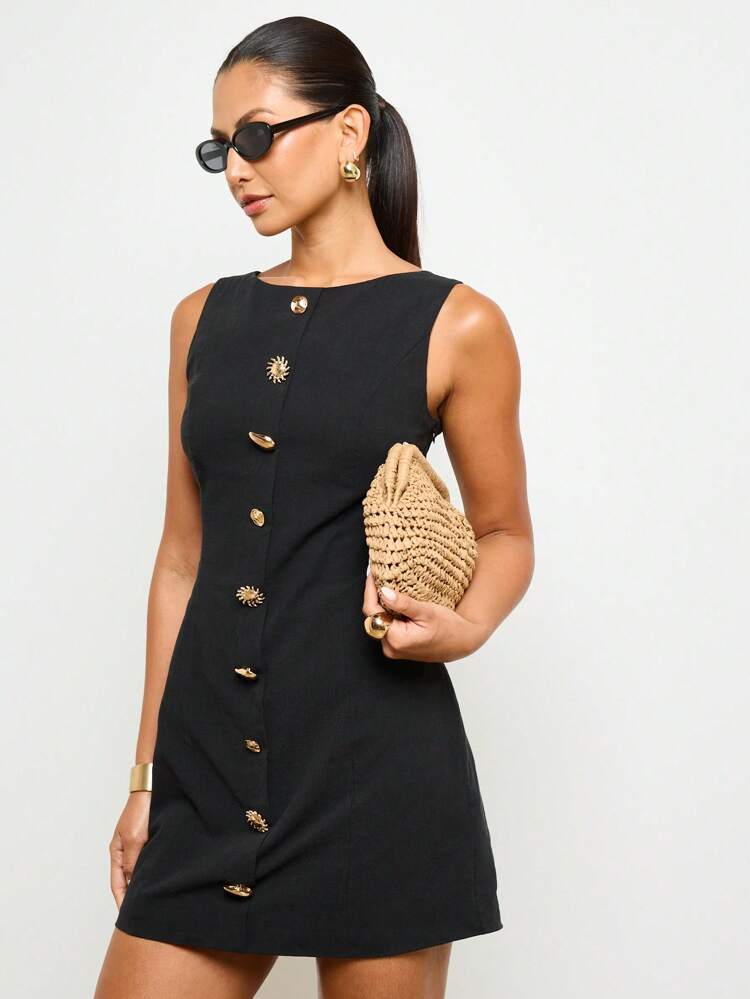 AiiRZ Sleeveless Linen Feel Mini Dress With Button Front