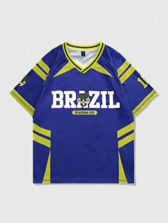Street Life Camiseta deportiva de cuello en V con estampado de rayas y bloques de color de fútbol de Brasil, casual de verano para hombres