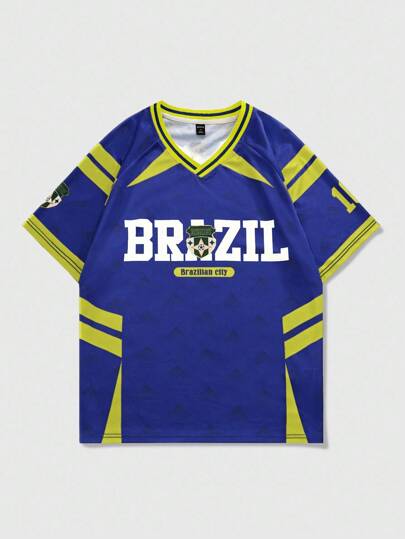 Prep Maglietta sportiva casual da uomo con scollo a V, a righe e blocchi di colore, stile calcio Brasile, per l'estate