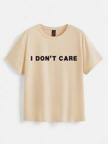 SHEIN LUNE 我不在乎休闲字母图案常规圆领短袖修身女式 T 恤，适合夏季