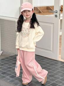 Dazy Kids 2pcs Young Girl Girls Crew Neck Thermal Lined Printed Sweatshirt And Pants Set, Fall