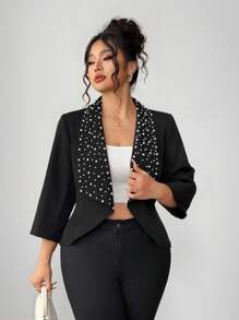 SHEIN Elenzya Veste élégante et sophistiquée de haute qualité avec col perlé, convenant aux femmes de grande taille pour les déplacements quotidiens et les occasions formelles, idéale pour le printemps et l'automne - Noir - Voir 6
