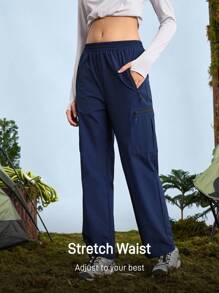 In My Nature Women's Elastic Waist Zippered Pocket Loose Casual Hiking Pants - Navy Blue - View 5