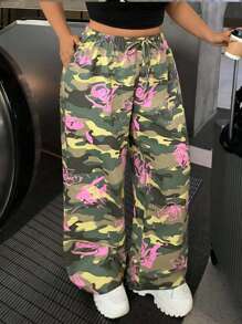 SHEIN EZwear 大码迷彩玫瑰印花宽松裤 - 彩色 - 查看 6