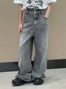 Dazy Kids 男童宽松直筒休闲牛仔裤，秋季童装 - 灰色 - 查看 4