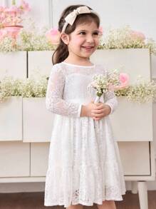 优雅可爱的白色花朵蕾丝长袖连衣裙 - 白色 - 查看 2