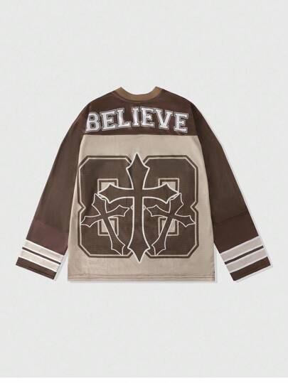 Prep Maillot de sport à manches longues en maille et patchwork pour hommes, jersey athlétique