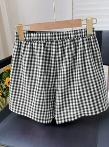 SHEIN Tall CURVE Plus Size Women's Fashion Red Woven Plaid Shorts For Summer Valentine's Day