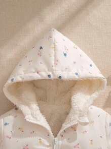 Souflis Souflis 1件女婴碎花连帽保暖外套，杏色，拉链前襟，罗纹袖口和下摆，秋冬季保暖时尚女婴外套，碎花连帽外套，秋季女婴外套 - 白色 - 查看 7