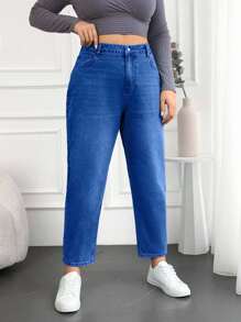 EURMUSE 100%纯棉加大码水洗妈妈款牛仔裤 - 中等水洗藍 - 查看 5