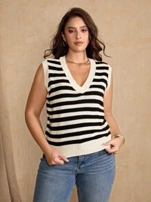 Flirla Áo vest dệt kim kẻ sọc kiểu Pháp cỡ lớn cho nữ, áo ba lỗ chui đầu không tay mới, trang phục đi làm thường ngày đa năng, phong cách sang trọng - Nhiều màu - Xem 5
