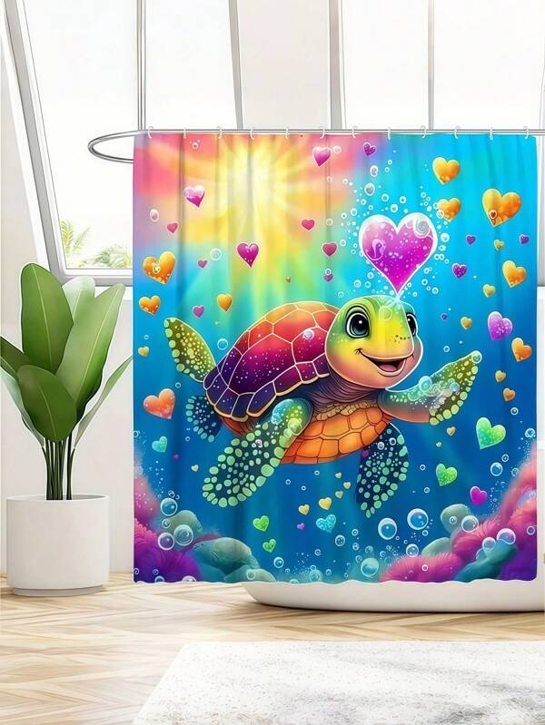 SHEIN 1 Pieza Cortina de ducha de tortuga con corazón de dibujos animados vibrante - Esencial de baño resistente al agua y decoración del hogar - Accesorios de baño completos para un espacio divertido y funcional Decoración de baño del hogar Verano